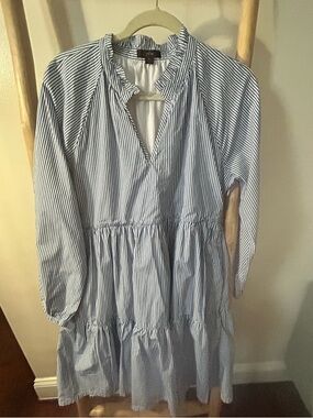 J crew Blue and White Pinstripe Tiered  Dress with Ruffle Collar